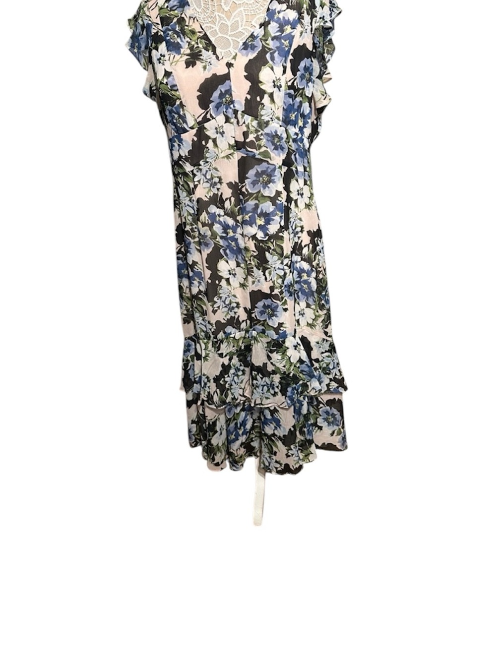 Tommy Hilfiger Blue and White Floral V-Neck Ruffle Midi Dress